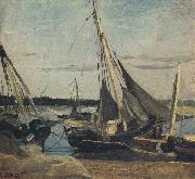 camille corot Trouville Fishing Boats Stranded in the Channel (mk40) painting